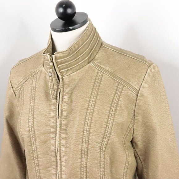 New Big Chill Vintage Women's Large Tan Gold Zip-Up Vegan Leather Biker Jacket - Picture 2 of 9